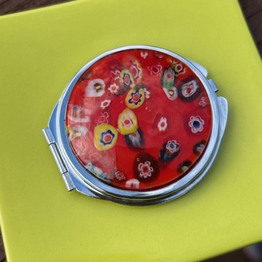 Millefiori Flower Art Glass Makeup Mirror Compact